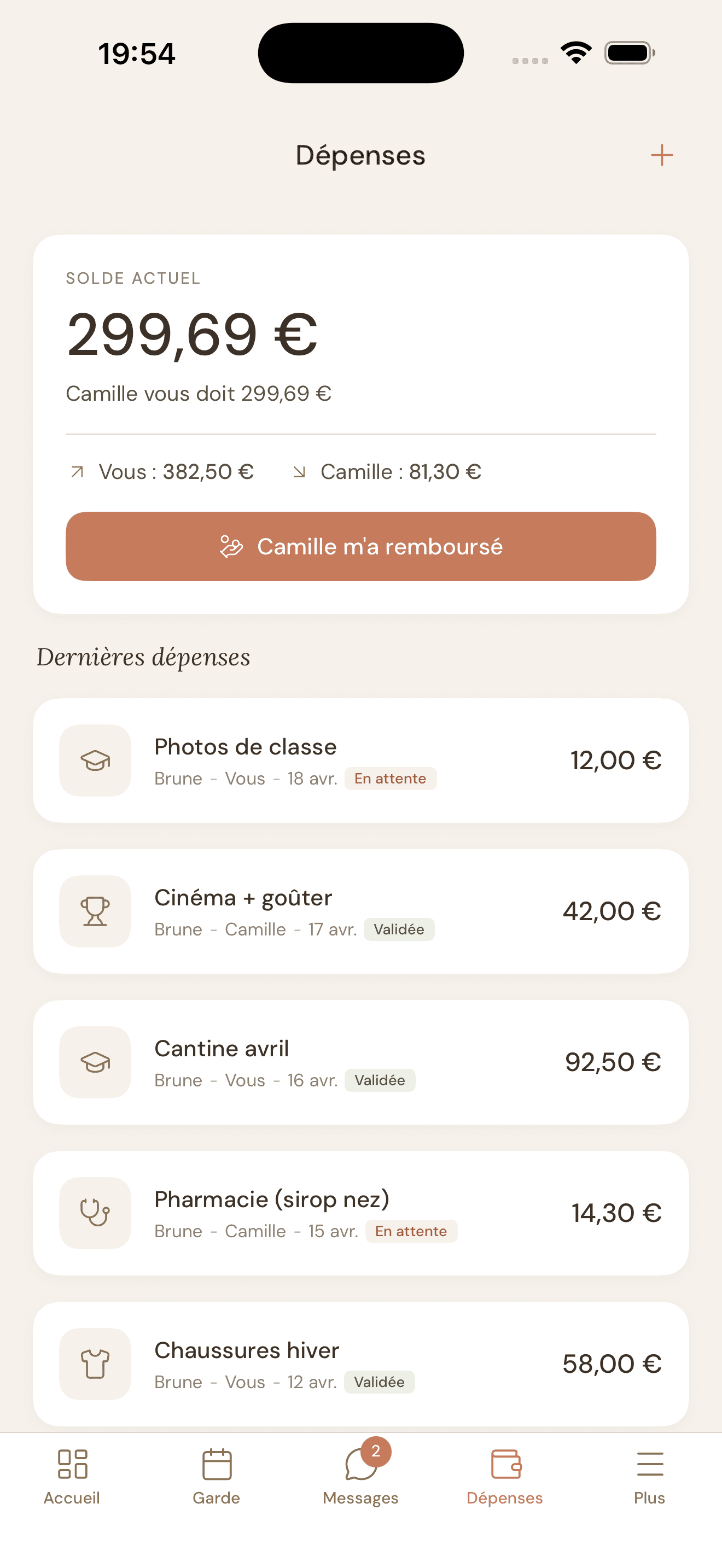 Partage des dépenses NidCool avec solde automatique