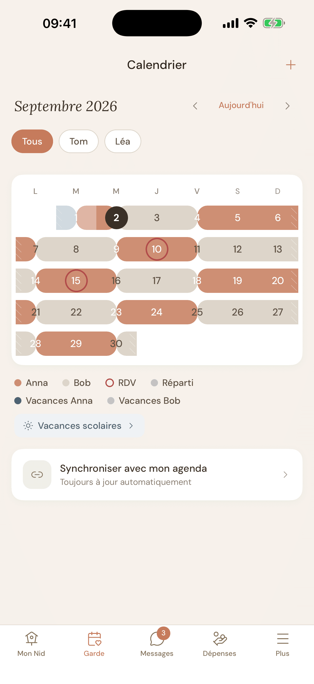 Calendrier de garde NidCool, septembre 2026 : une couleur par parent, rendez-vous, vacances scolaires et synchronisation agenda