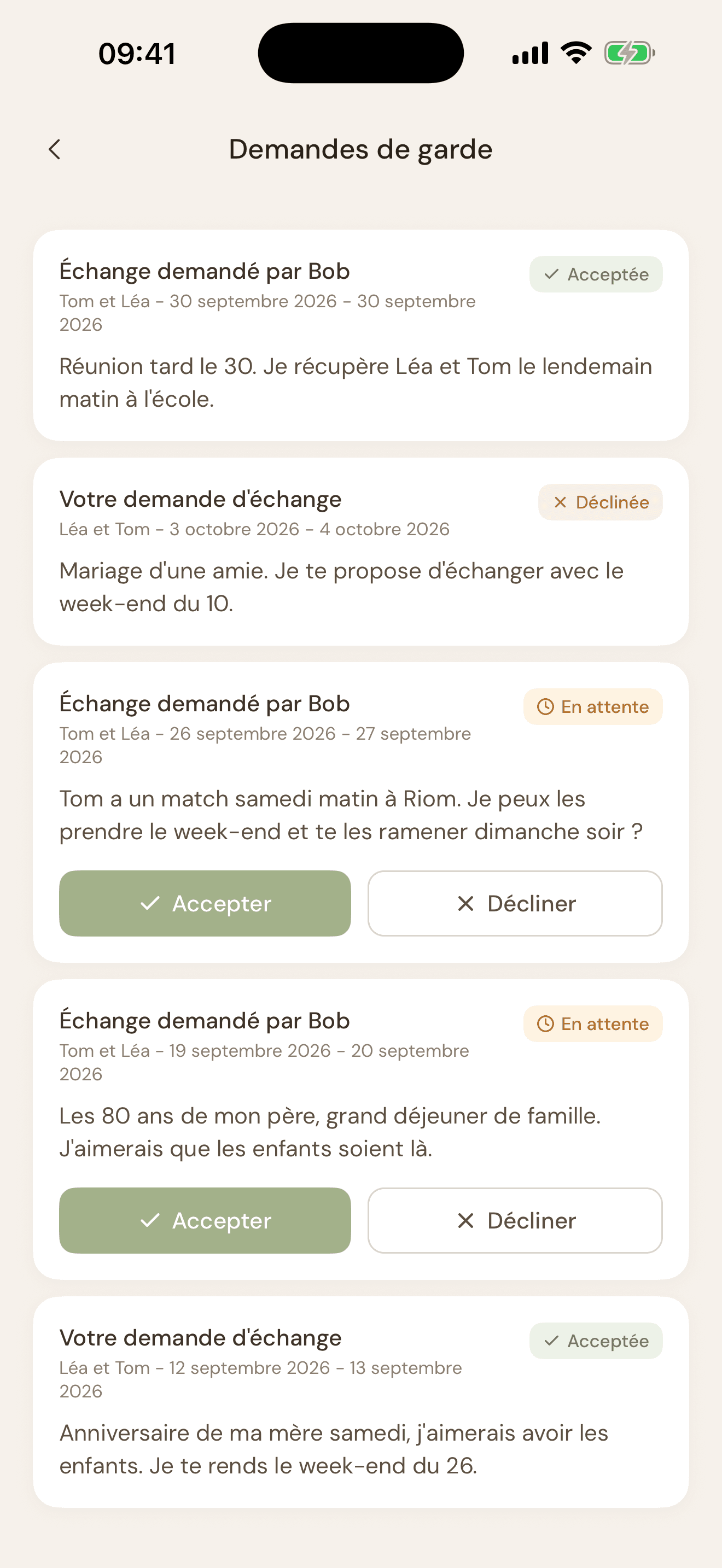 Demandes de garde NidCool : un échange proposé avec sa raison, en attente ou accepté