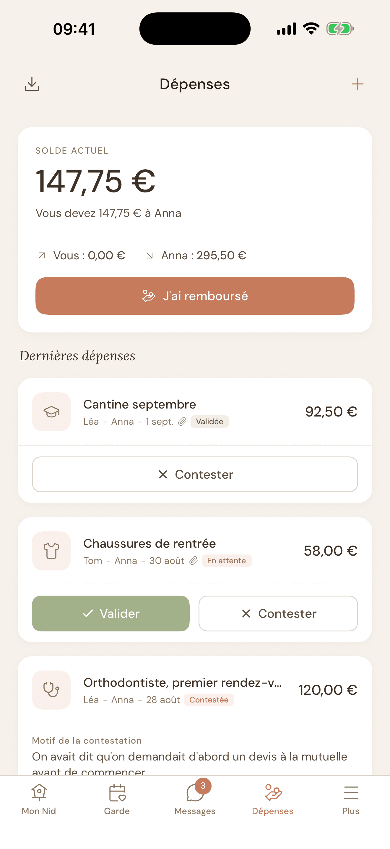 Dépenses NidCool vues par le co-parent : boutons Valider et Contester, statuts, motif de contestation
