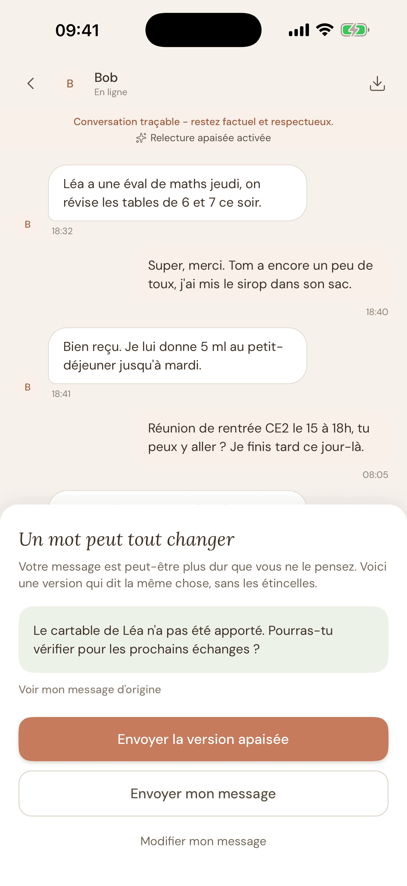 Messagerie NidCool : avant l'envoi d'un message tendu, l'app propose une version apaisée