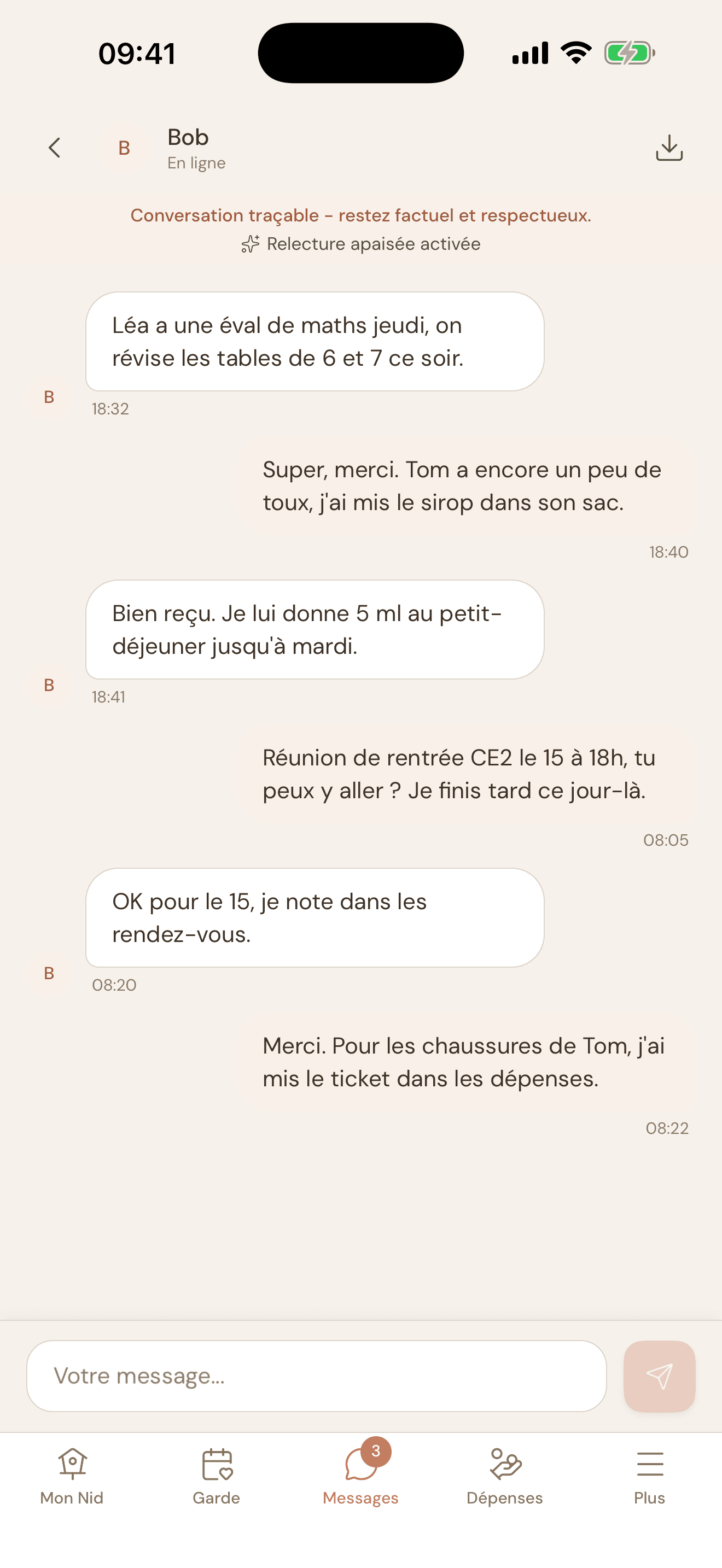 Messagerie traçable entre coparents dans NidCool