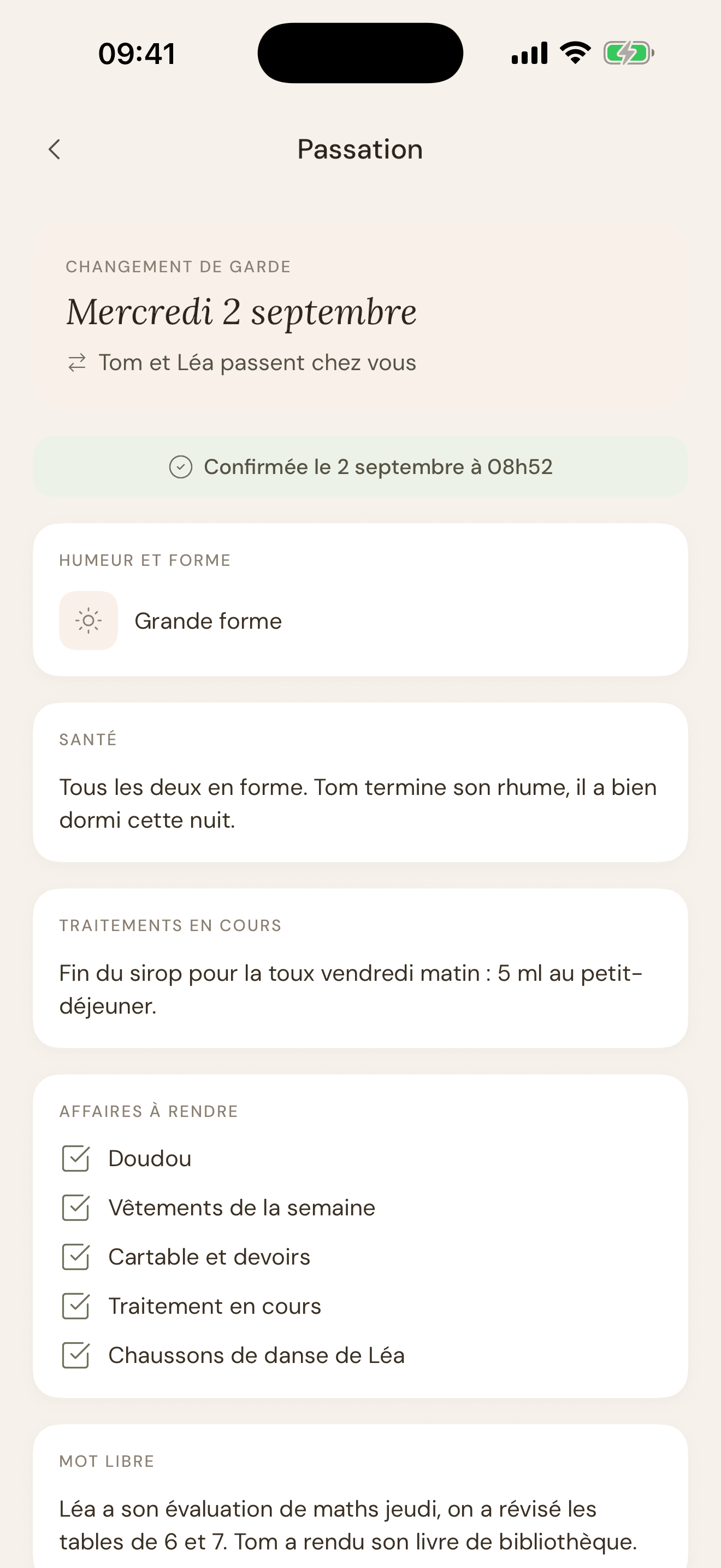 Passation NidCool : fiche confirmée du jour de changement de garde
